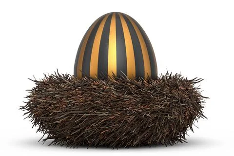 Golden and black Easter egg in bird nest isolated on white background. Stock Illustration
