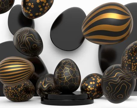 Golden and black Easter egg on podium and scattered eggs on white background Stock Illustration