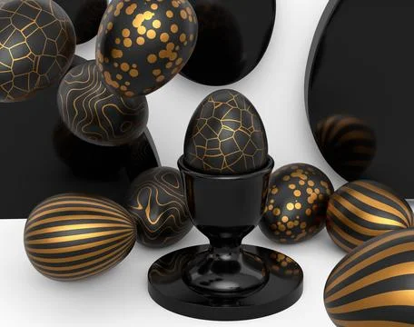 Golden and black Easter egg on podium and scattered eggs on white background 스톡 일러스트