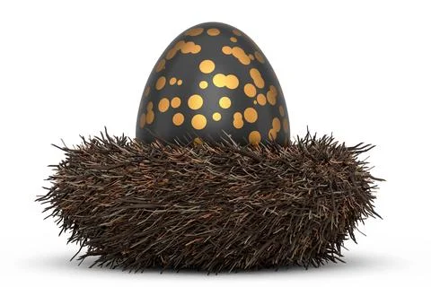 Golden and black Easter egg in bird nest isolated on white background. Stock Illustration
