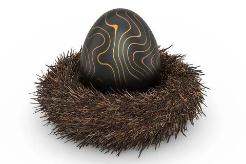 Golden and black Easter egg in bird nest isolated on white background. Stock Illustration