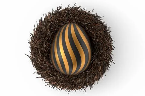 Golden and black Easter egg in bird nest isolated on white background. Stock Illustration