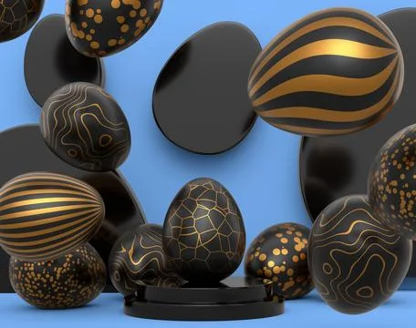 Golden and black Easter egg on podium and scattered eggs on blue background Stock Illustration