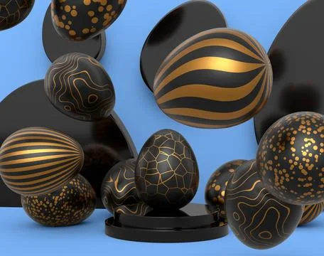 Golden and black Easter egg on podium and scattered eggs on blue background 스톡 일러스트
