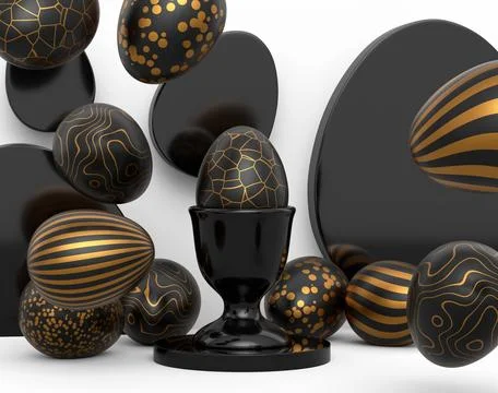 Golden and black Easter egg on podium and scattered eggs on white background Illustrazione stock