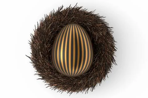 Golden and black Easter egg in bird nest isolated on white background. Stock Illustration