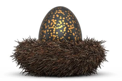 Golden and black Easter egg in bird nest isolated on white background. Stock Illustration
