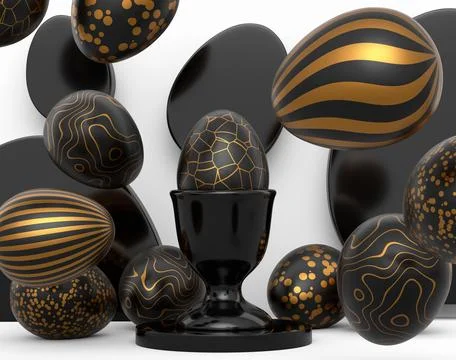Golden and black Easter egg on podium and scattered eggs on white background Illustrazione stock