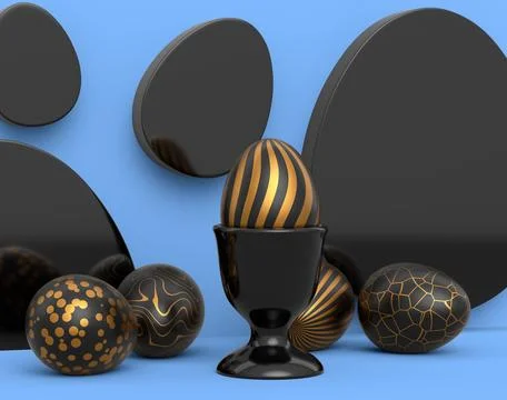 Golden and black Easter egg on podium and scattered eggs on blue background Stock Illustration