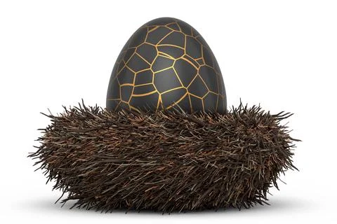 Golden and black Easter egg in bird nest isolated on white background. Stock Illustration
