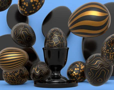 Golden and black Easter egg on podium and scattered eggs on blue background Stock Illustration