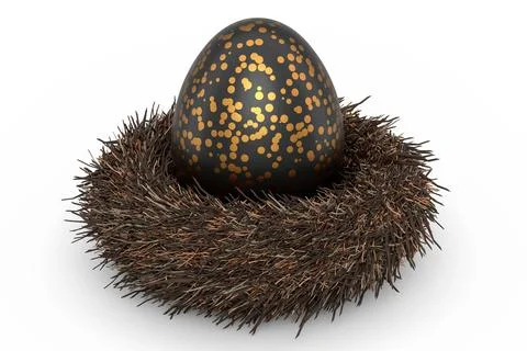 Golden and black Easter egg in bird nest isolated on white background. 스톡 일러스트
