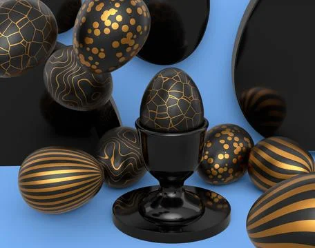 Golden and black Easter egg on podium and scattered eggs on blue background Stock Illustration
