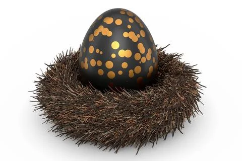 Golden and black Easter egg in bird nest isolated on white background. Stock Illustration