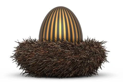 Golden and black Easter egg in bird nest isolated on white background. Illustrazione stock
