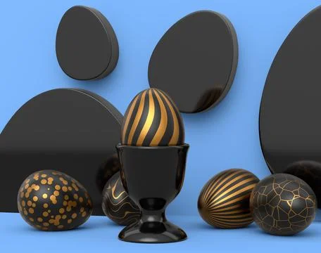 Golden and black Easter egg on podium and scattered eggs on blue background Stock Illustration