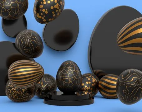 Golden and black Easter egg on podium and scattered eggs on blue background 스톡 일러스트
