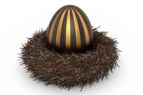 Golden and black Easter egg in bird nest isolated on white background. Stock Illustration
