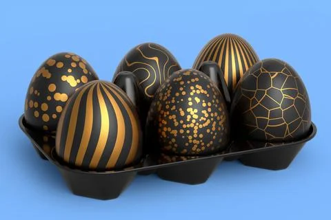 Golden and black Easter eggs in basket or tray and chocolate eggs 스톡 일러스트