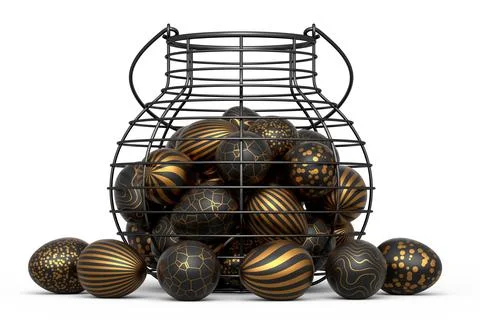 Golden and black Easter eggs in metal wire basket or chocolate eggs 스톡 일러스트
