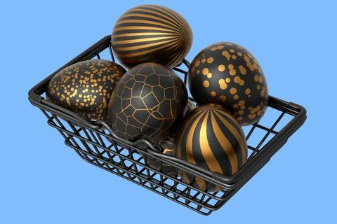 Golden and black Easter eggs in metal wire basket or chocolate eggs Stock Illustration