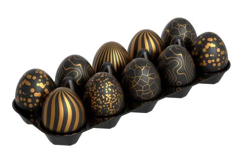 Golden and black Easter eggs in basket or tray and chocolate eggs 스톡 일러스트