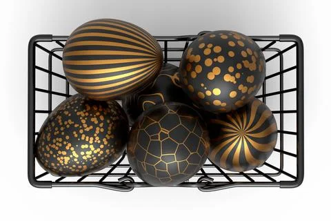 Golden and black Easter eggs in metal wire basket or chocolate eggs Stockillustratie
