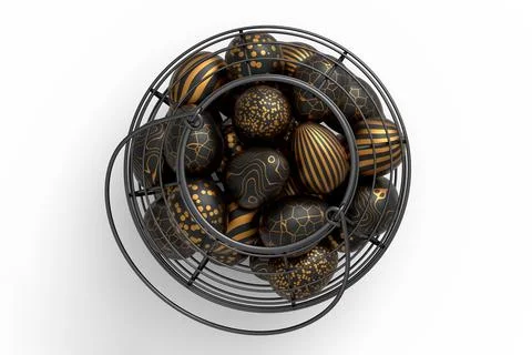 Golden and black Easter eggs in metal wire basket or chocolate eggs Stockillustratie