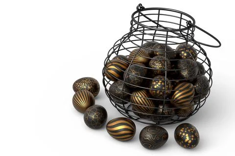 Golden and black Easter eggs in metal wire basket or chocolate eggs 스톡 일러스트