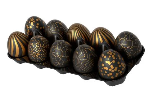 Golden and black Easter eggs in basket or tray and chocolate eggs 스톡 일러스트