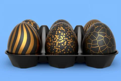 Golden and black Easter eggs in basket or tray and chocolate eggs 스톡 일러스트