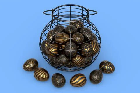 Golden and black Easter eggs in metal wire basket or chocolate eggs Stockillustratie