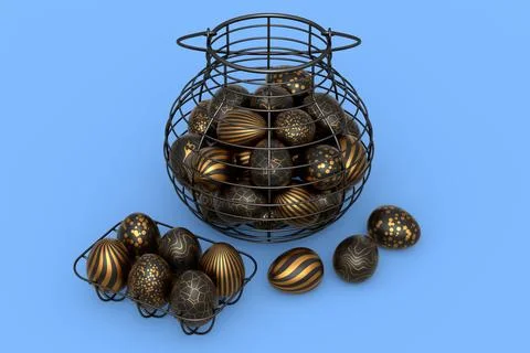 Golden and black Easter eggs in metal wire basket or chocolate eggs イラスト素材