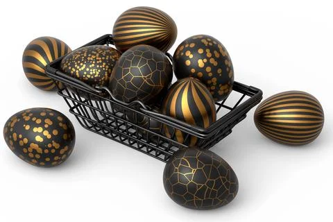 Golden and black Easter eggs in metal wire basket or chocolate eggs 스톡 일러스트