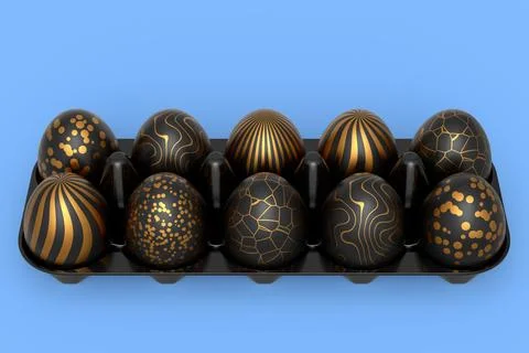 Golden and black Easter eggs in basket or tray and chocolate eggs Stockillustratie