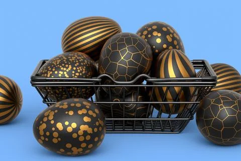 Golden and black Easter eggs in metal wire basket or chocolate eggs 스톡 일러스트