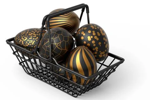 Golden and black Easter eggs in metal wire basket or chocolate eggs Stockillustratie