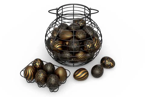 Golden and black Easter eggs in metal wire basket or chocolate eggs イラスト素材
