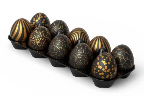 Golden and black Easter eggs in basket or tray and chocolate eggs 스톡 일러스트