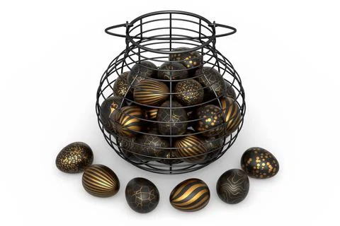 Golden and black Easter eggs in metal wire basket or chocolate eggs 스톡 일러스트