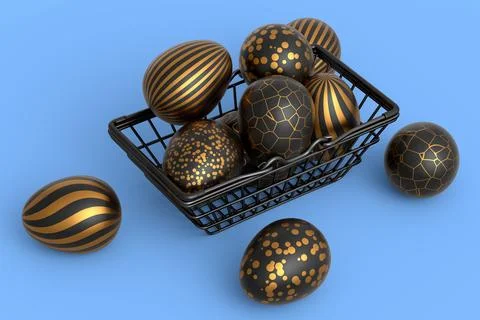 Golden and black Easter eggs in metal wire basket or chocolate eggs 스톡 일러스트