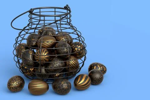 Golden and black Easter eggs in metal wire basket or chocolate eggs 스톡 일러스트
