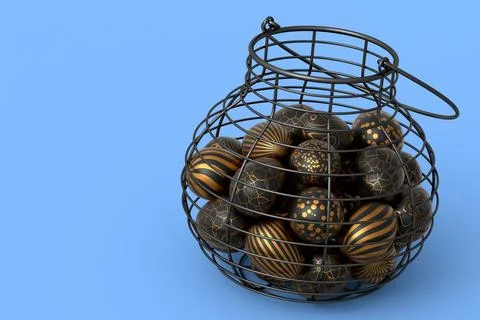 Golden and black Easter eggs in metal wire basket or chocolate eggs 스톡 일러스트