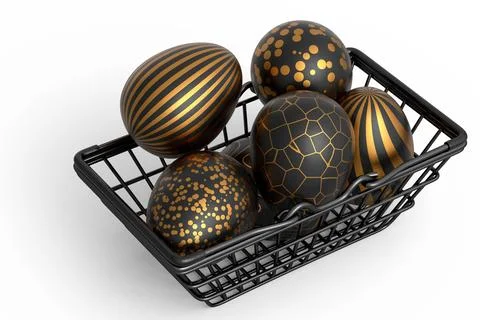 Golden and black Easter eggs in metal wire basket or chocolate eggs 스톡 일러스트