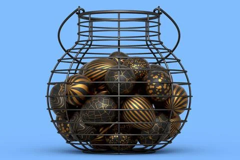 Golden and black Easter eggs in metal wire basket or chocolate eggs イラスト素材