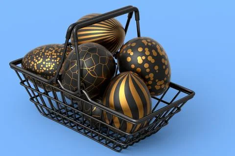 Golden and black Easter eggs in metal wire basket or chocolate eggs Stockillustratie