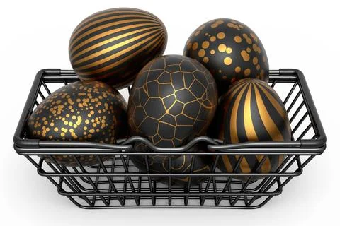 Golden and black Easter eggs in metal wire basket or chocolate eggs 스톡 일러스트