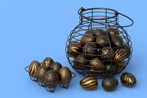 Golden and black Easter eggs in metal wire basket or chocolate eggs 스톡 일러스트