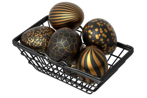 Golden and black Easter eggs in metal wire basket or chocolate eggs 스톡 일러스트