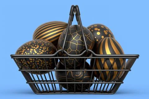 Golden and black Easter eggs in metal wire basket or chocolate eggs Stock Illustration